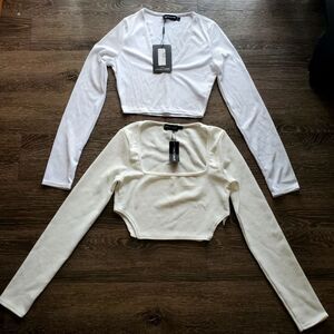 PrettyLittleThing Long Sleeve Rib Crop Top White Shirts Size 6